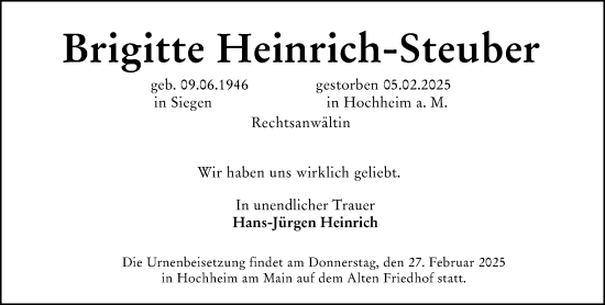 Traueranzeige von Brigitte Heinrich-Steuber von Hochheimer Zeitung