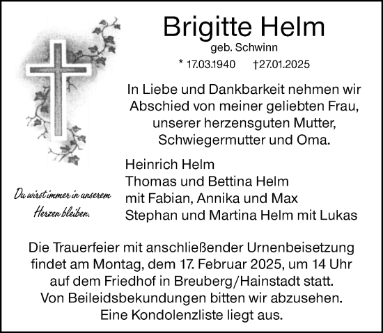 Traueranzeige von Brigitte Helm von Odenwälder Echo