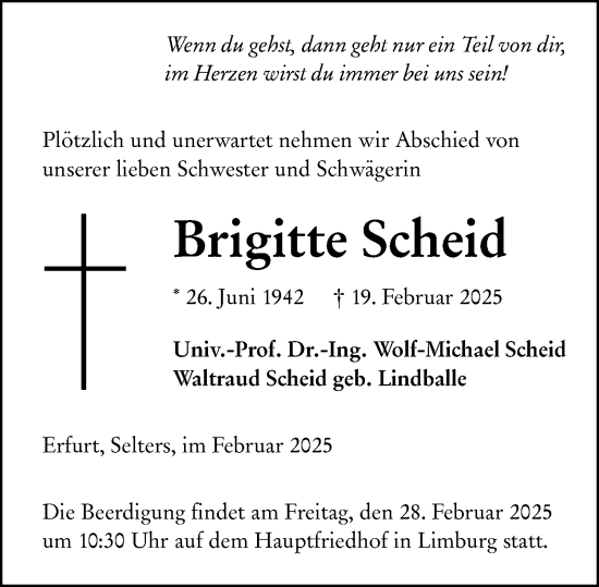 Traueranzeige von Brigitte Scheid von Nassauische Neue Presse