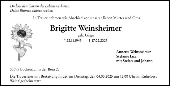 Traueranzeige von Brigitte Weinsheimer von Allgemeine Zeitung Rheinhessen-Nahe