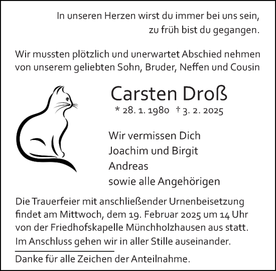 Traueranzeige von Carsten Droß von Wetzlarer Neue Zeitung