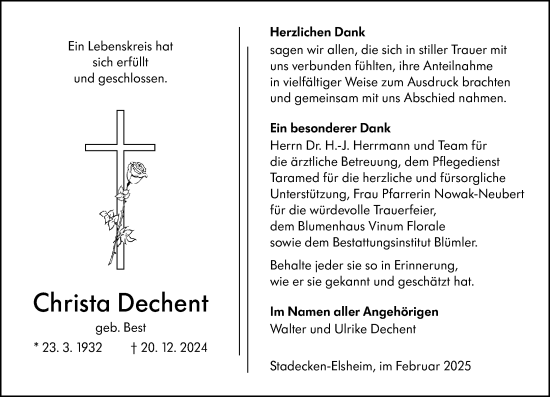 Traueranzeige von Christa Dechent von Allgemeine Zeitung Mainz