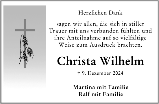Traueranzeige von Christa Wilhelm von Wiesbadener Kurier