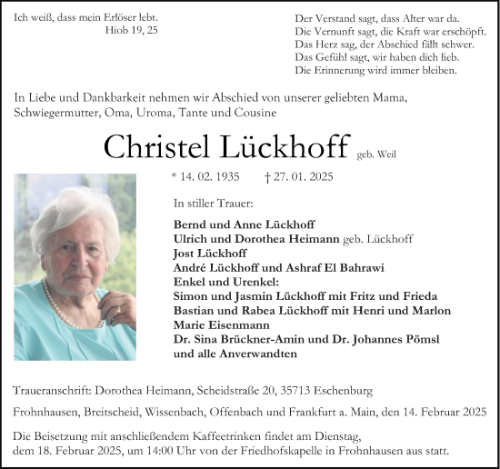 Traueranzeige von Christel Lückhoff von Dill Block