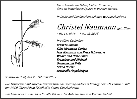 Traueranzeige von Christel Naumann von Wetzlarer Neue Zeitung