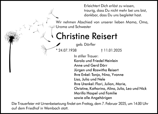 Traueranzeige von Christine Reisert von Darmstädter Echo