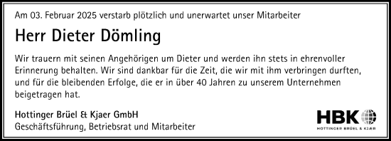 Traueranzeige von Dieter Dömling von Darmstädter Echo