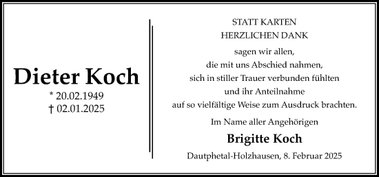 Traueranzeige von Dieter Koch von Hinterländer Anzeiger