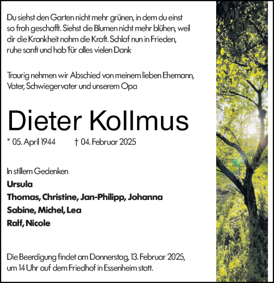 Traueranzeige von Dieter Kollmus von Allgemeine Zeitung Mainz