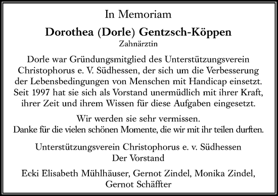 Traueranzeige von Dorothea Gentzsch-Köppen von Rüsselsheimer Echo