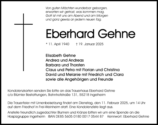 Traueranzeige von Eberhard Gehne von Allgemeine Zeitung Rheinhessen-Nahe