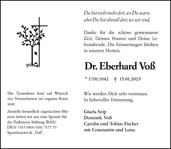Traueranzeige von Eberhard Voß von Wiesbadener Kurier