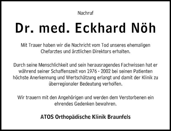 Traueranzeige von Eckhard Nöh von Wetzlarer Neue Zeitung