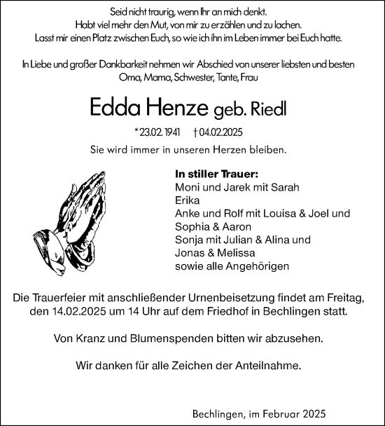 Traueranzeige von Edda Henze von Wetzlarer Neue Zeitung