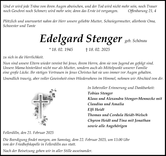 Traueranzeige von Edelgard Stenger von Dill Block