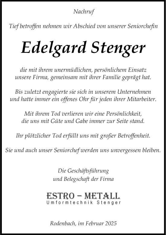 Traueranzeige von Edelgard Stenger von Dill Block