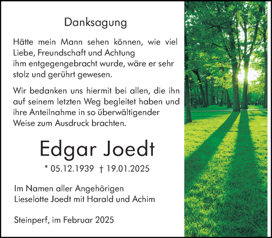 Traueranzeige von Edgar Joedt von Hinterländer Anzeiger