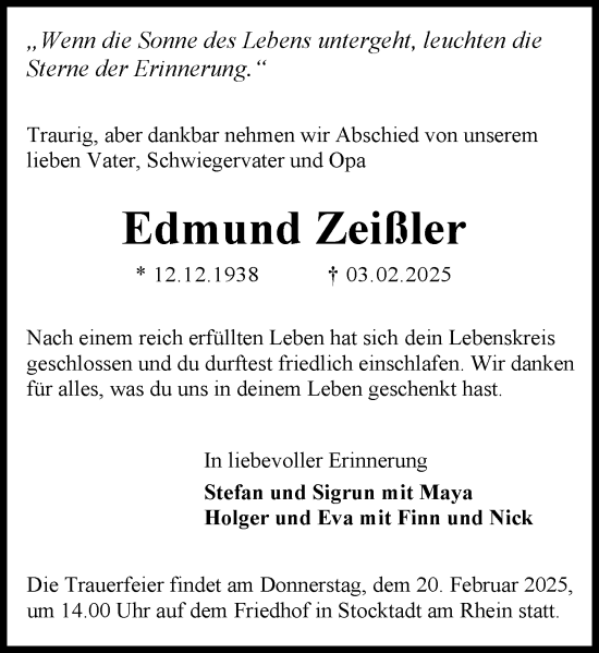 Traueranzeige von Edmund Zeißler von Odenwälder Echo
