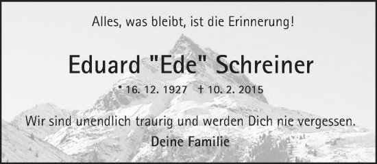 Traueranzeige von Eduard Schreiner von Wiesbadener Kurier
