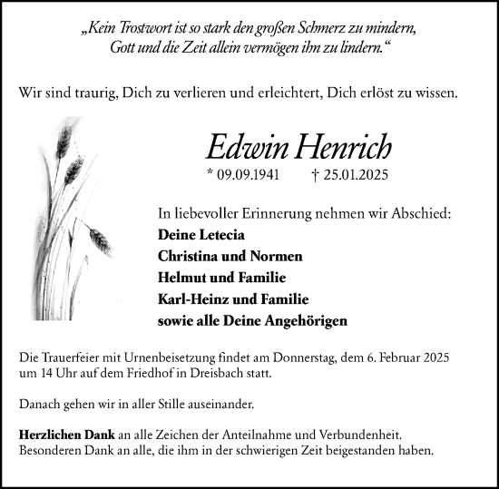 Traueranzeige von Edwin Henrich von Wetzlarer Neue Zeitung