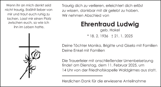 Traueranzeige von Ehrentraud Ludwig von Wetzlarer Neue Zeitung