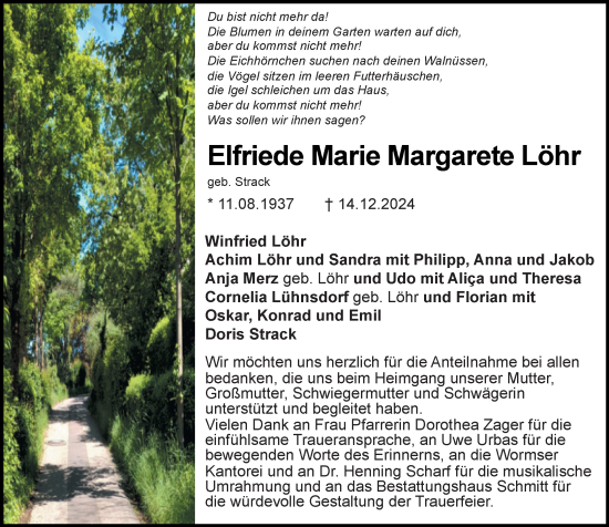 Traueranzeige von Elfriede Marie Margarete Löhr von Wormser Zeitung