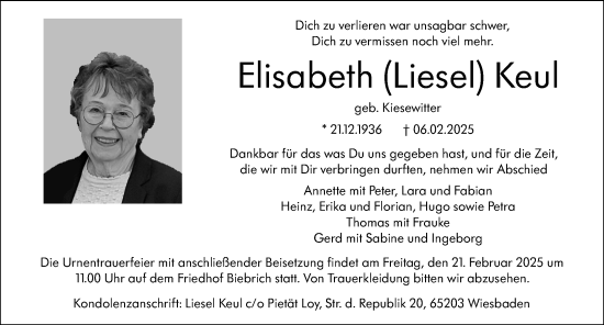 Traueranzeige von Elisabeth Keul von Wiesbadener Kurier