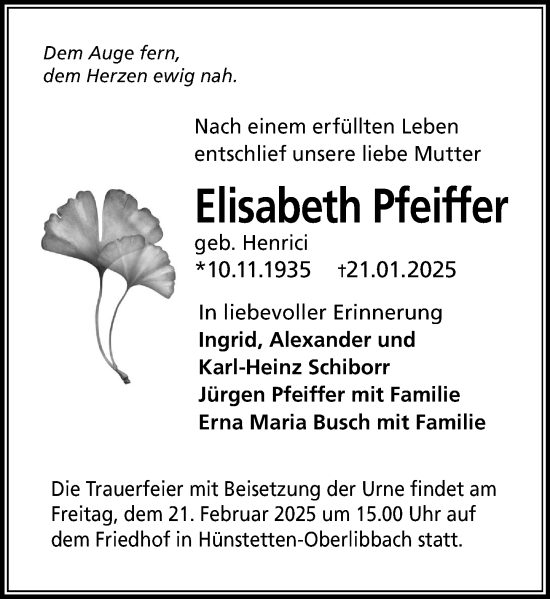 Traueranzeige von Elisabeth Pfeiffer von Camberger Anzeiger