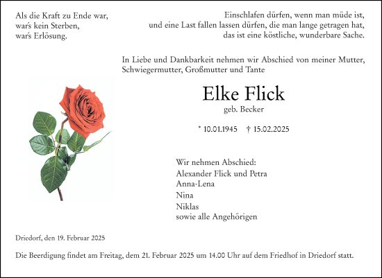 Traueranzeige von Elke Flick von Dill Block