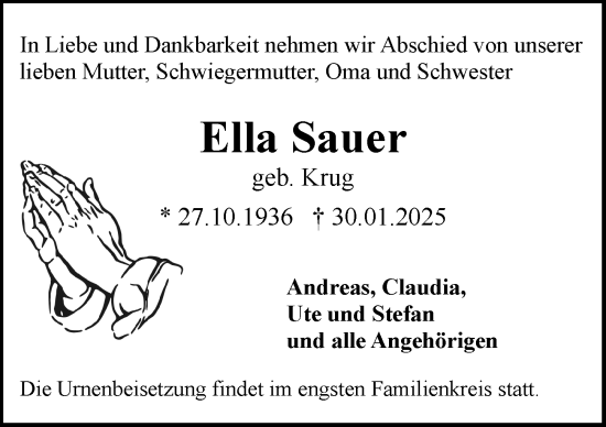 Traueranzeige von Ella Sauer von Rüsselsheimer Echo