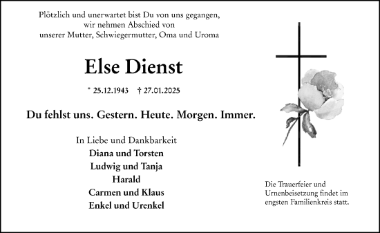 Traueranzeige von Else Dienst von Weilburger Tageblatt