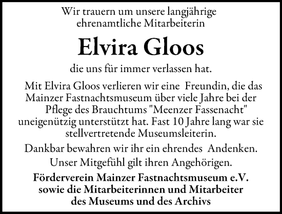 Traueranzeige von Elvira Gloos von Allgemeine Zeitung Mainz