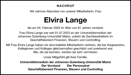 Traueranzeige von Elvira Lange von Allgemeine Zeitung Mainz