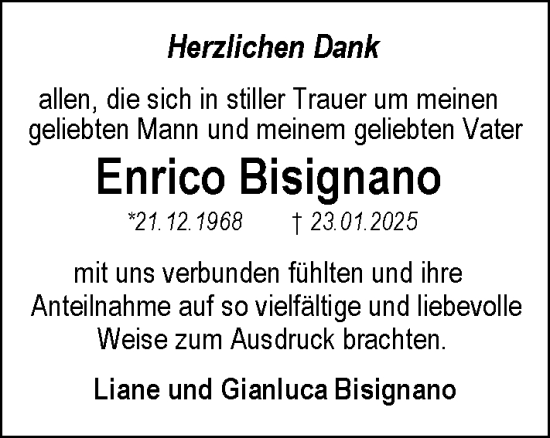 Traueranzeige von Enrico Bisignano von Dill Block