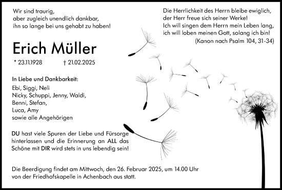 Traueranzeige von Erich Müller von Hinterländer Anzeiger