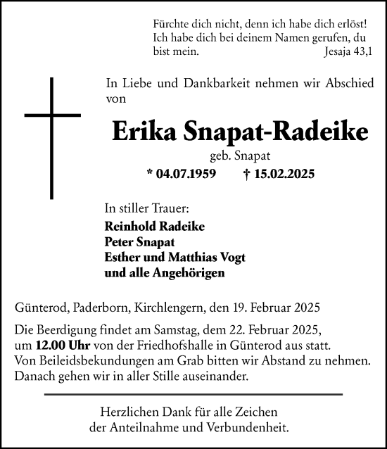 Traueranzeige von Erika Snapat-Radeike von Hinterländer Anzeiger