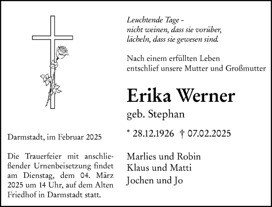 Traueranzeige von Erika Werner von Odenwälder Echo