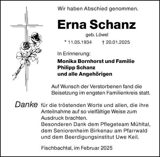Traueranzeige von Erna Schanz von Darmstädter Echo