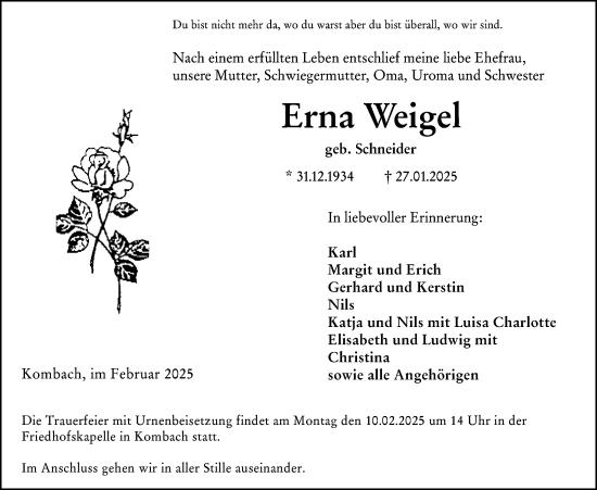 Traueranzeige von Erna Weigel von Hinterländer Anzeiger
