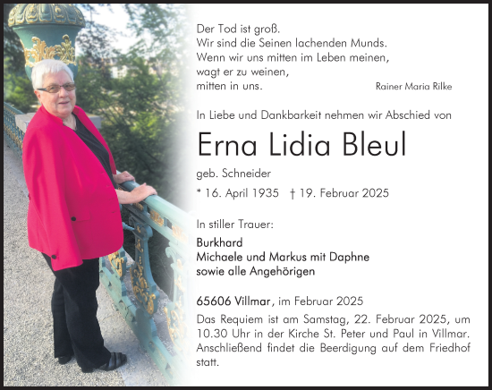 Traueranzeige von Erna Lidia Bleul von Weilburger Tageblatt