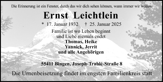 Traueranzeige von Ernst Leichtlein von Allgemeine Zeitung Rheinhessen-Nahe