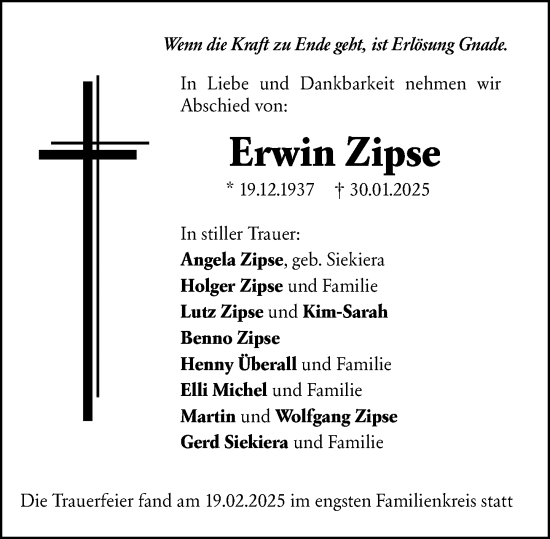Traueranzeige von Erwin Zipse von Wetzlarer Neue Zeitung