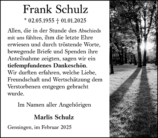 Traueranzeige von Frank Schulz von Binger-/Ingelheimer Wochenblatt