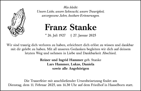 Traueranzeige von Franz Stanke von Wetzlarer Neue Zeitung