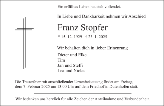 Traueranzeige von Franz Stopfer von Wetzlarer Neue Zeitung