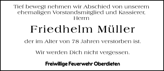 Traueranzeige von Friedhelm Müller von Hinterländer Anzeiger