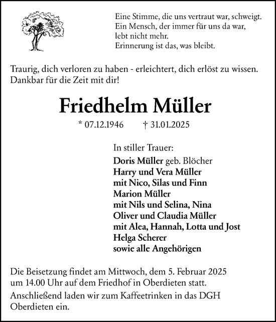 Traueranzeige von Friedhelm Müller von Hinterländer Anzeiger