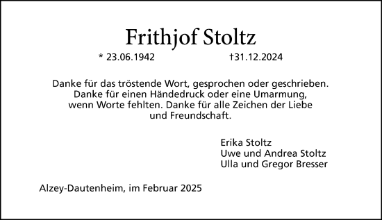 Traueranzeige von Frithjof Stoltz von Allgemeine Zeitung Alzey