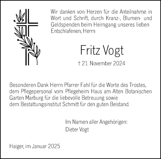 Traueranzeige von Fritz Vogt von Dill Block