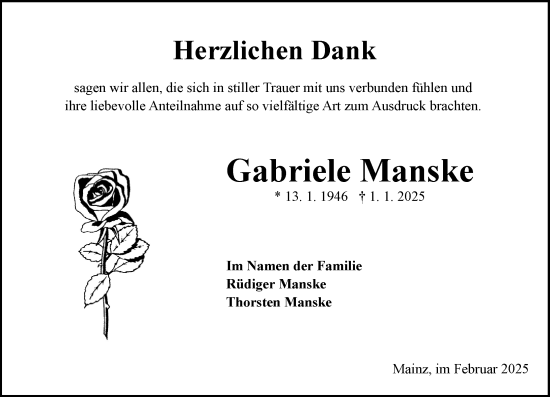 Traueranzeige von Gabriele Manske von Allgemeine Zeitung Mainz